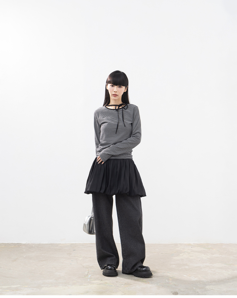 ストライプリボン長袖トップス 2色展開