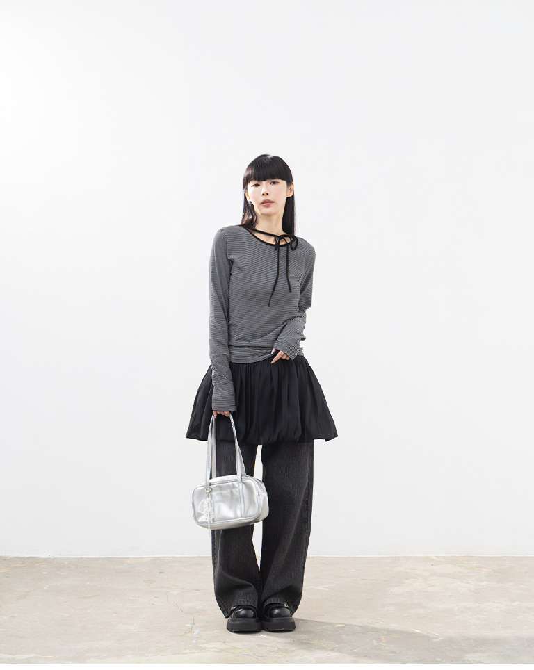 ストライプリボン長袖トップス 2色展開