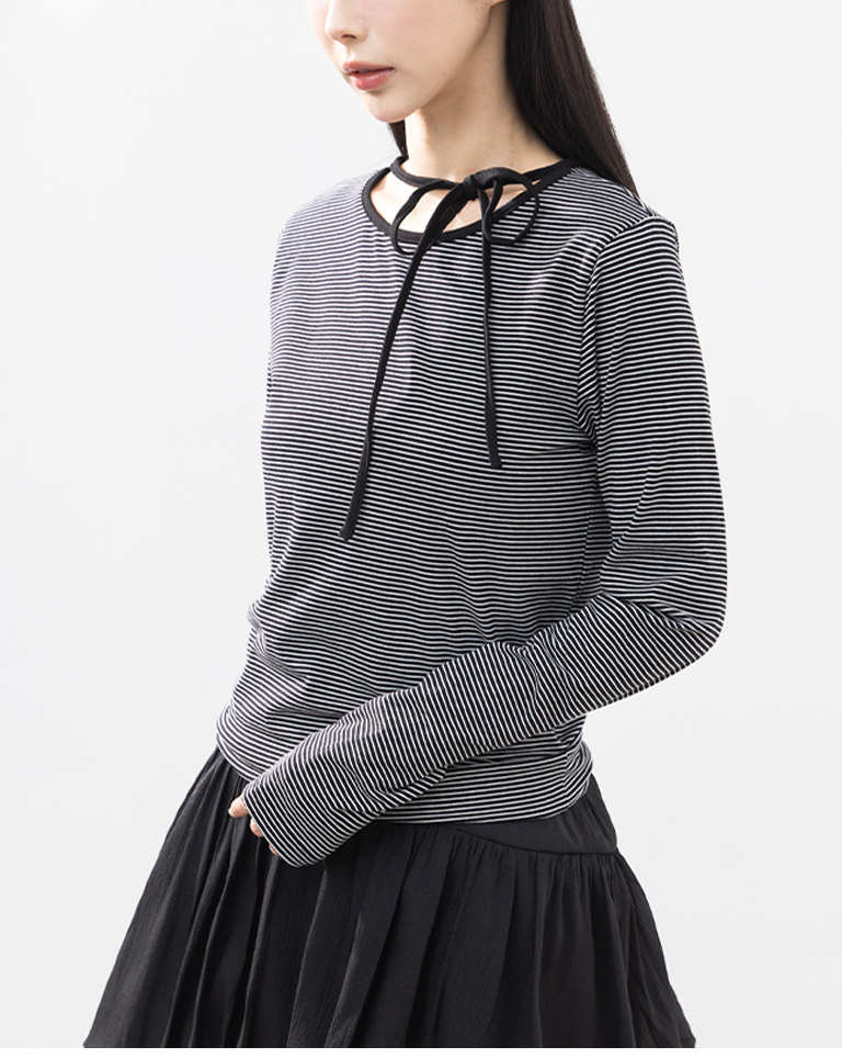 ストライプリボン長袖トップス 2色展開