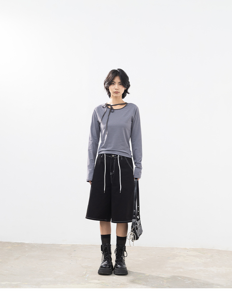 ストライプリボン長袖トップス 2色展開