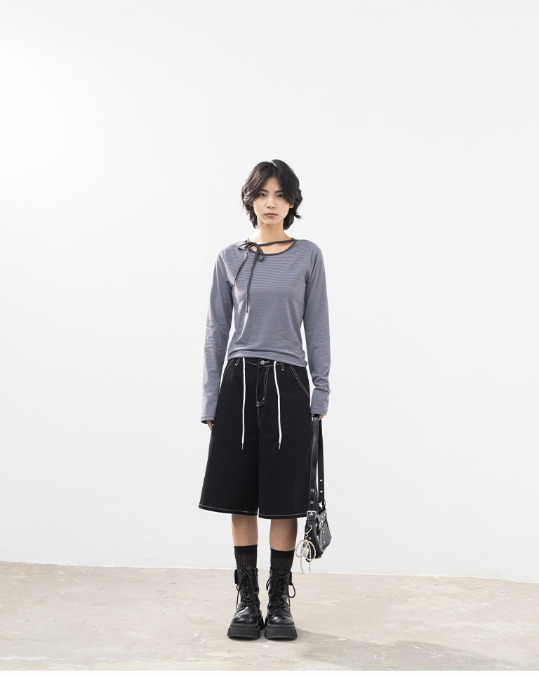 ストライプリボン長袖トップス 2色展開