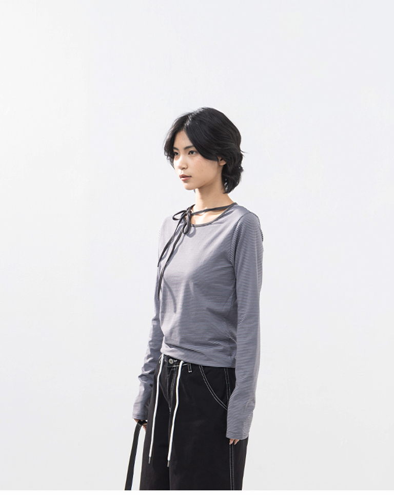 ストライプリボン長袖トップス 2色展開