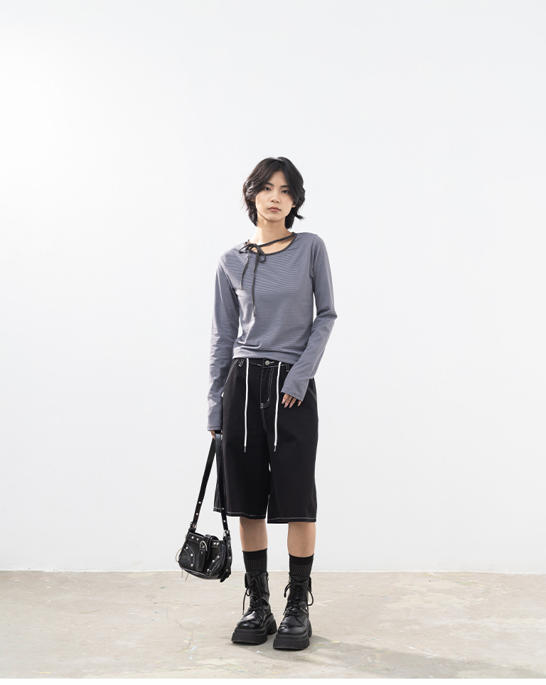 ストライプリボン長袖トップス 2色展開