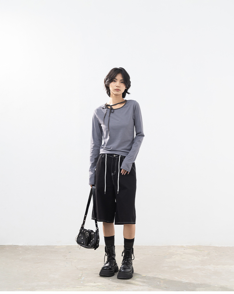 ストライプリボン長袖トップス 2色展開