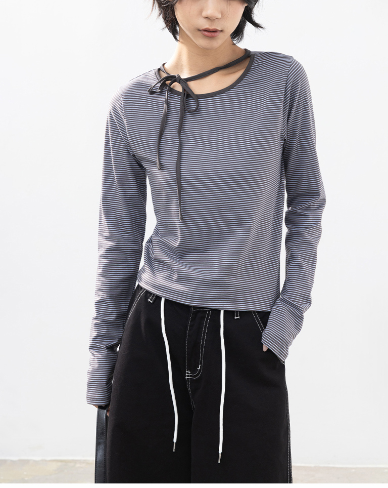 ストライプリボン長袖トップス 2色展開