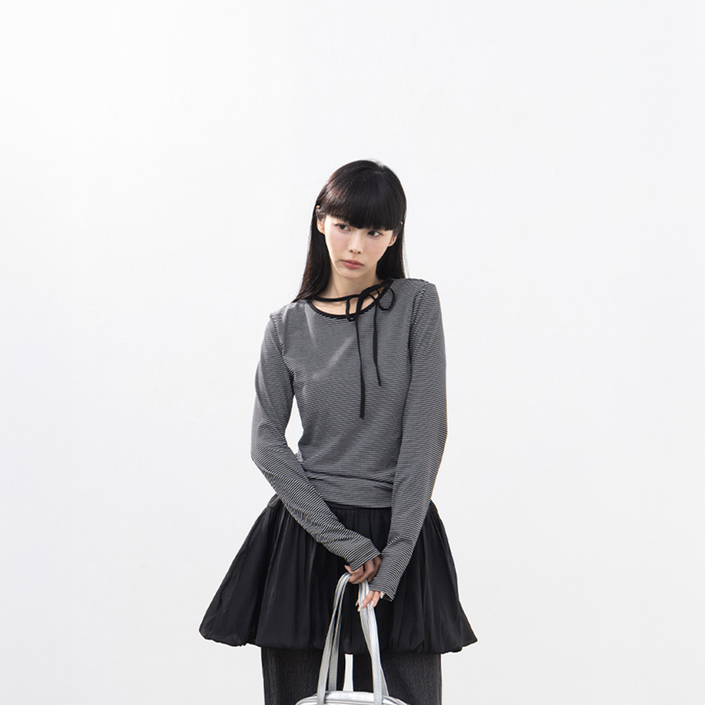 ストライプリボン長袖トップス 2色展開