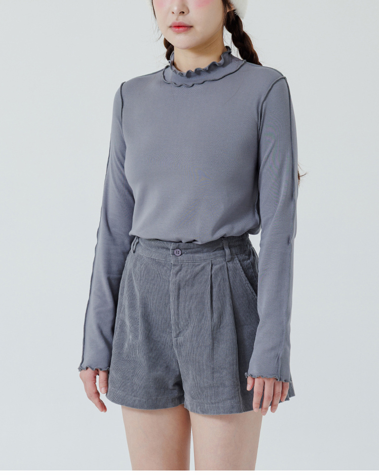 起毛フリルハイネックトップス グレー