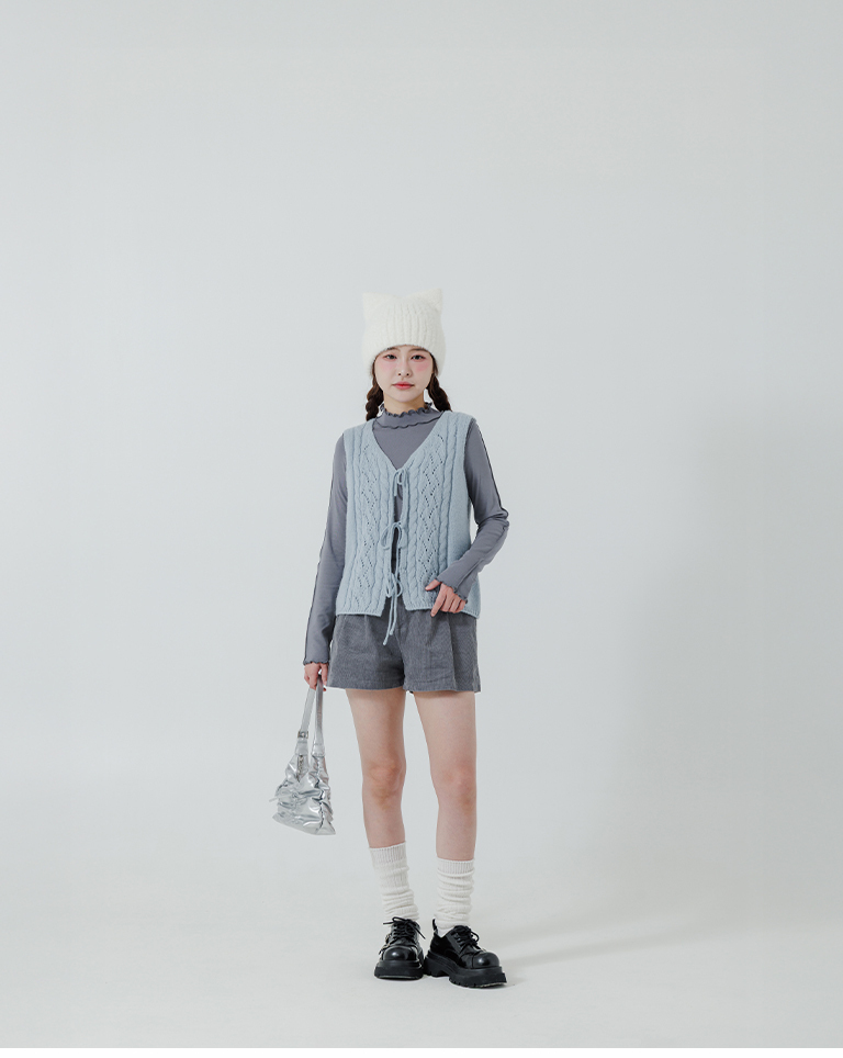 起毛フリルハイネックトップス グレー