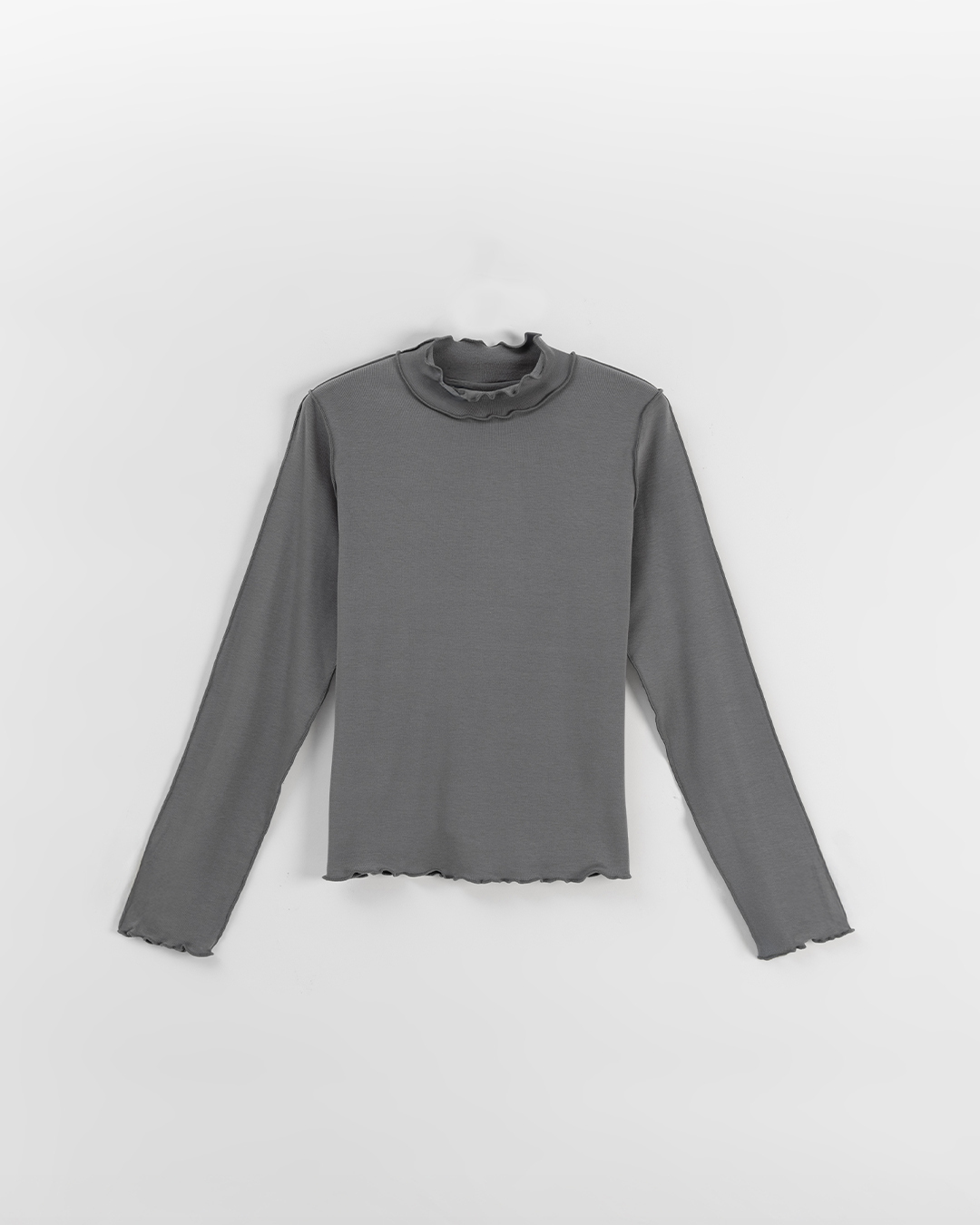 起毛フリルハイネックトップス グレー