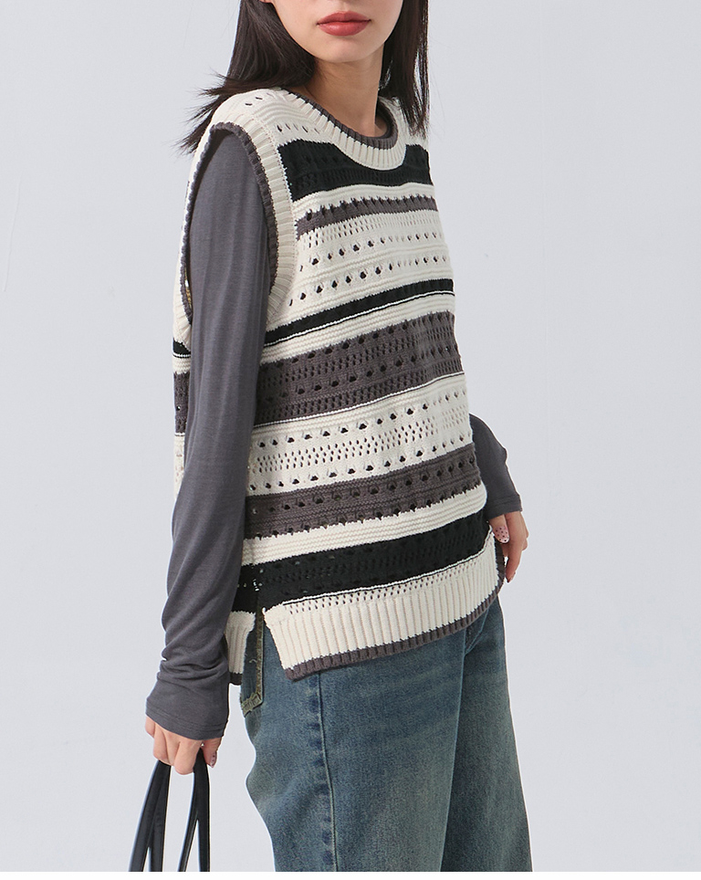 ストライプ透かし編みニットベスト 2色展開