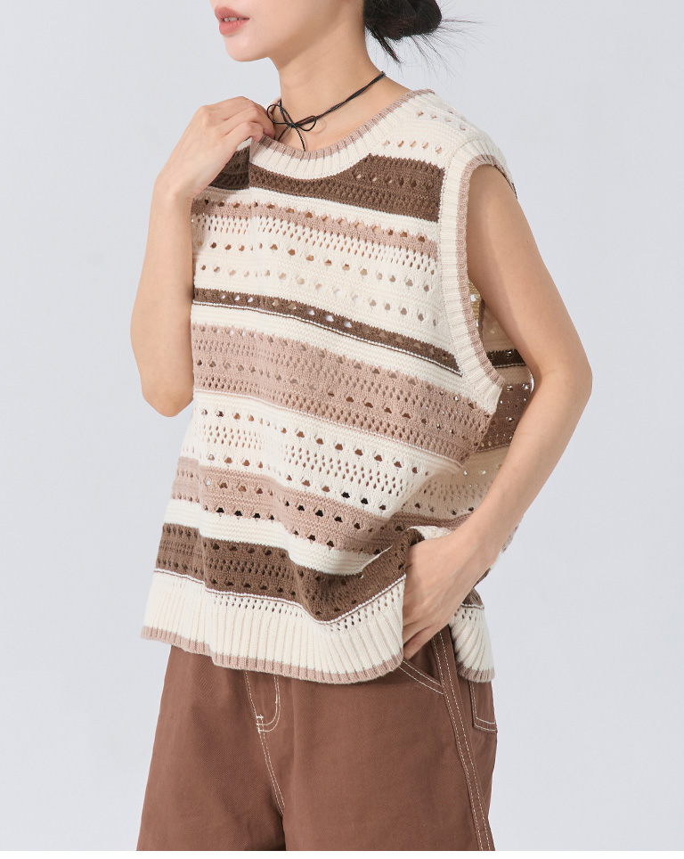 ストライプ透かし編みニットベスト 2色展開