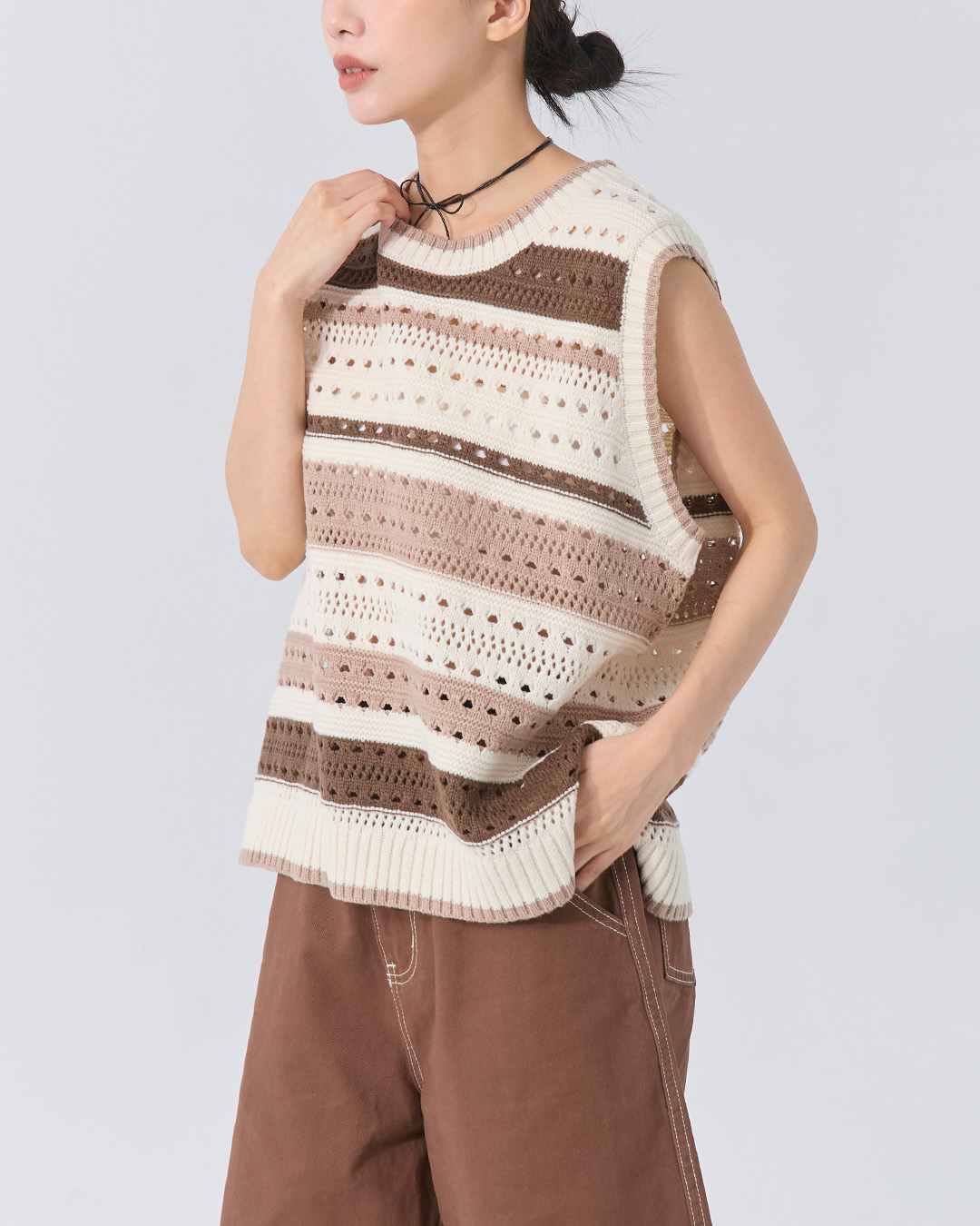 ストライプ透かし編みニットベスト 2色展開