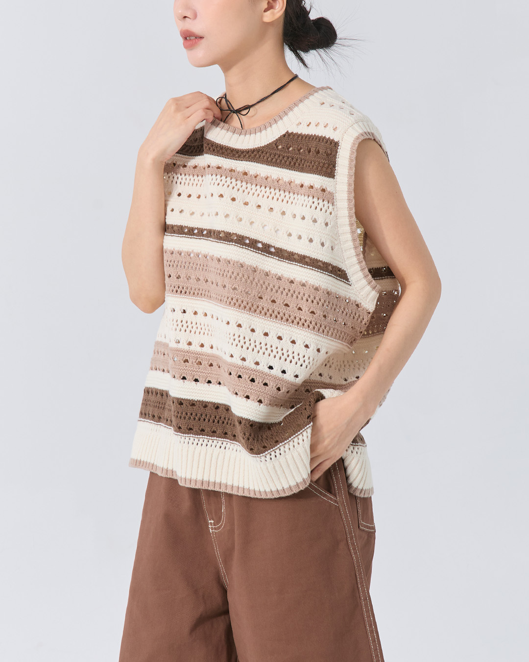 ストライプ透かし編みニットベスト 2色展開