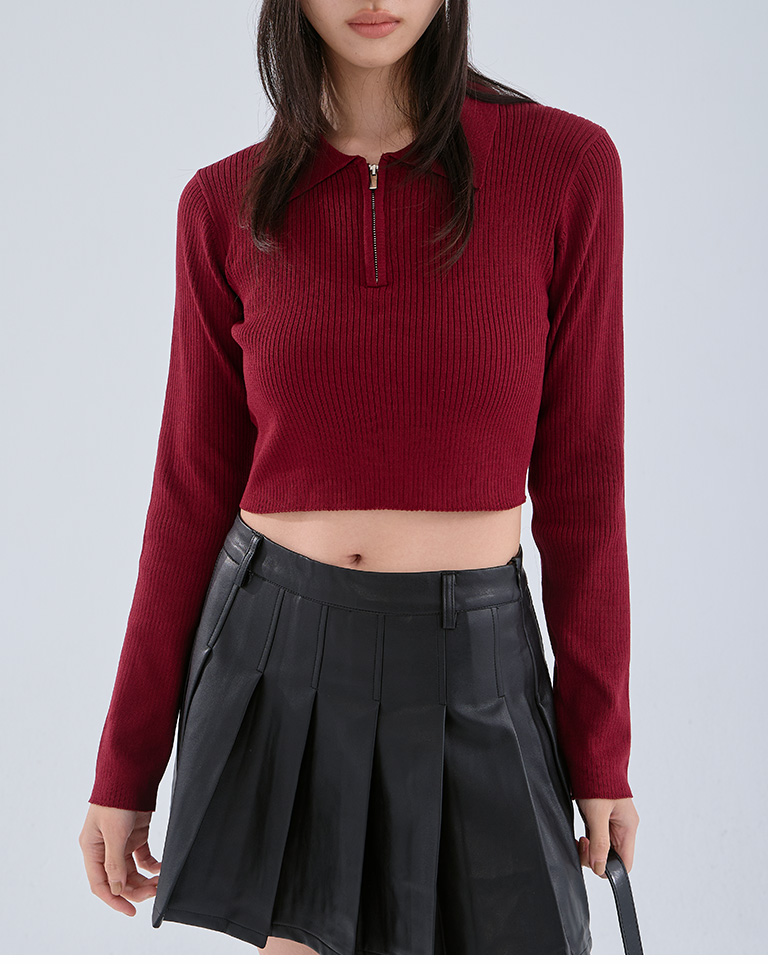 ハーフジップニットトップス レッド