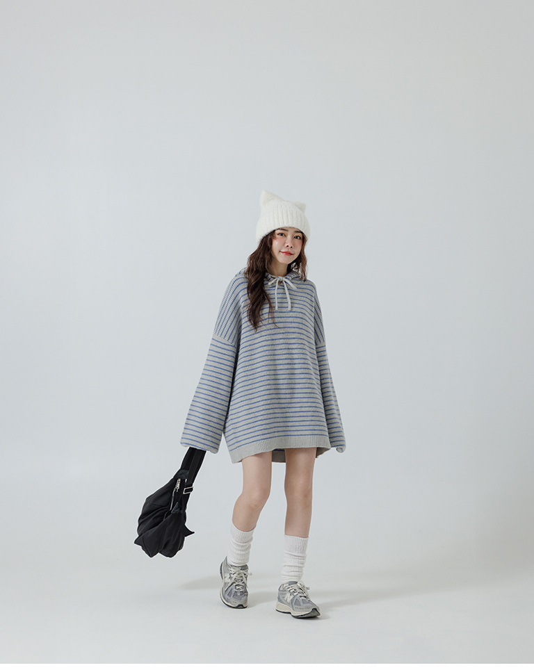 ストライプフーディニットトップス  3色展開