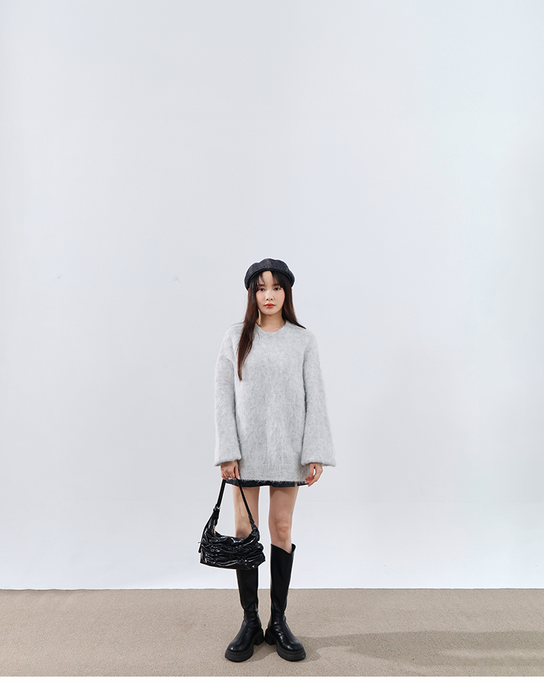 フラワーヤーンフェザーニットワイド グレー