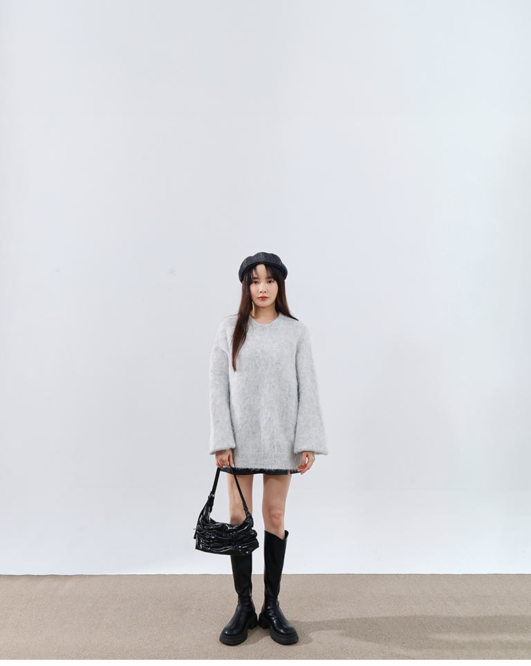 フラワーヤーンフェザーニットワイド グレー