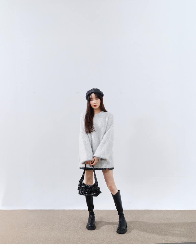 フラワーヤーンフェザーニットワイド グレー