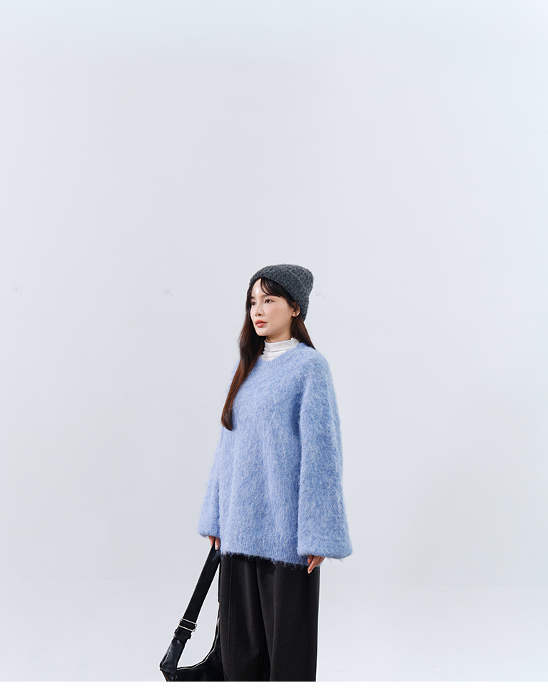 フラワーヤーンフェザーニットワイド ブルー