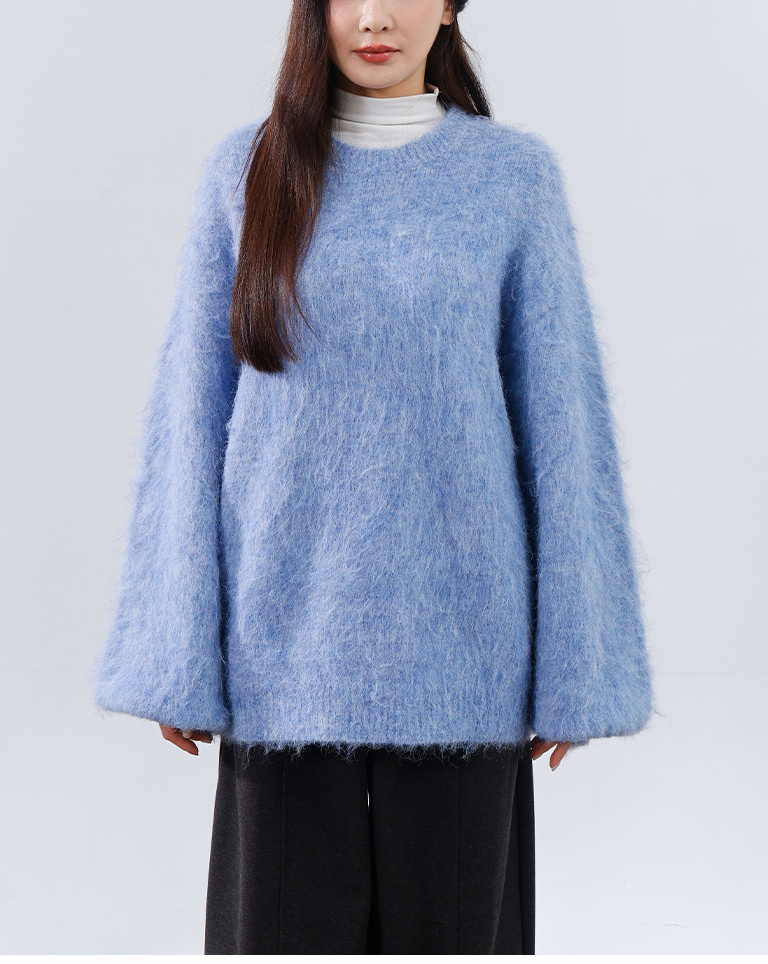 フラワーヤーンフェザーニットワイド ブルー