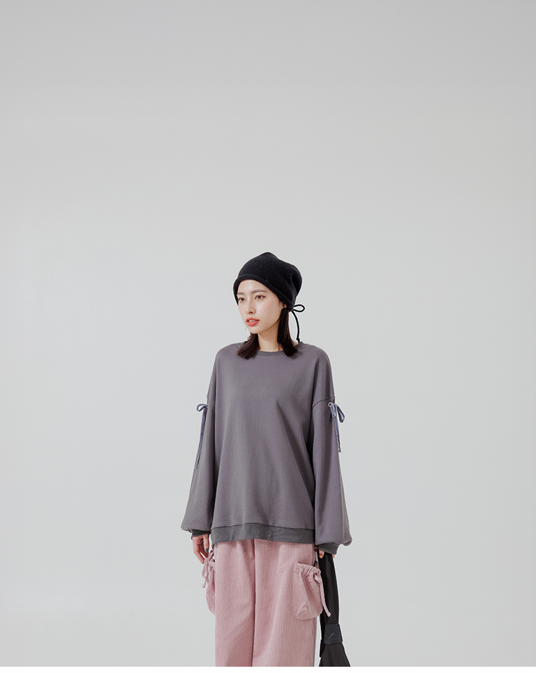 スリーブリボン付き長袖スウェット 2色展開