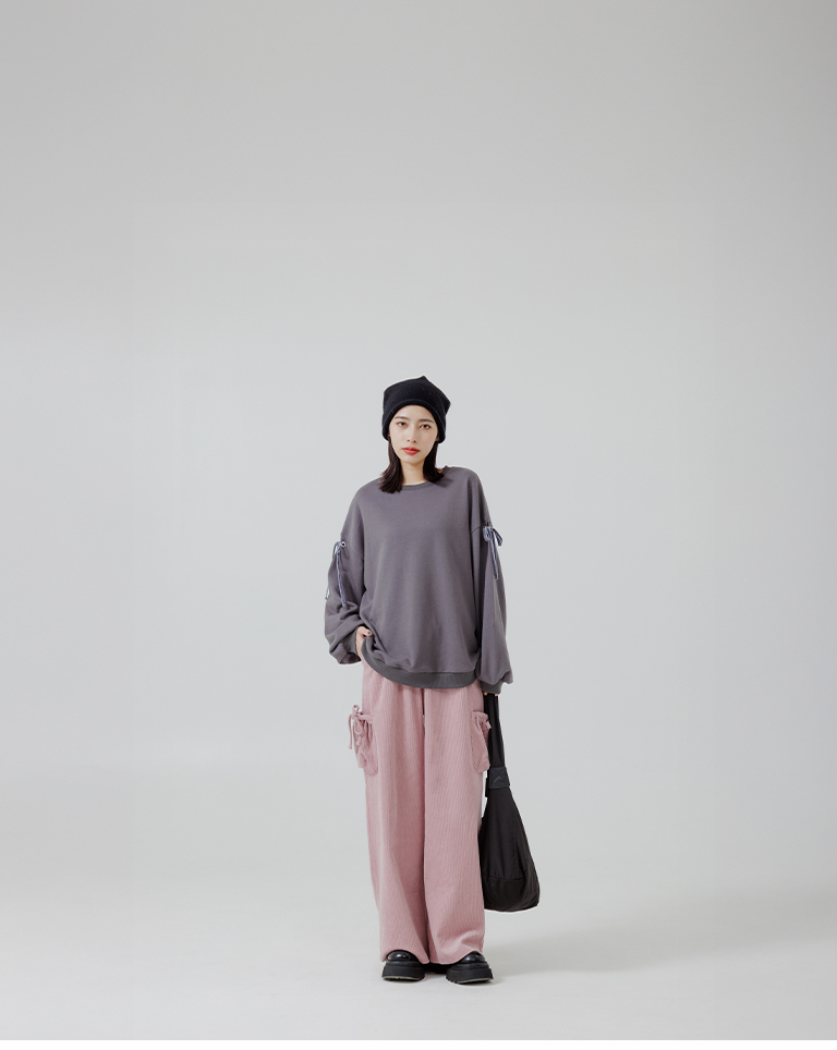 スリーブリボン付き長袖スウェット 2色展開