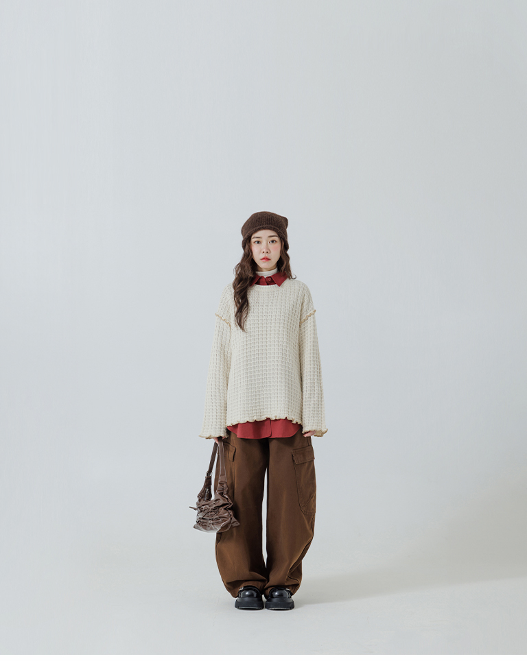 チェックフリルニットトップス ベージュ