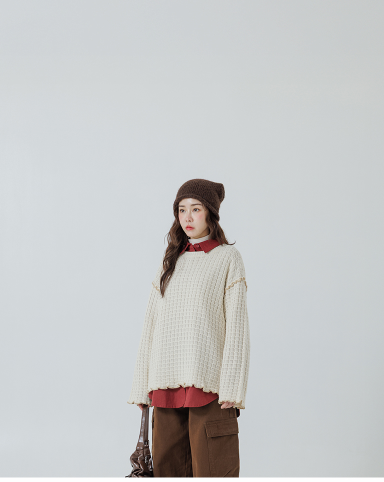 チェックフリルニットトップス ベージュ