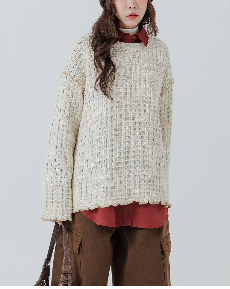 チェックフリルニットトップス ベージュ