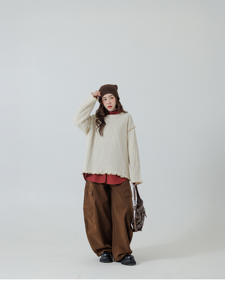 チェックフリルニットトップス ベージュ