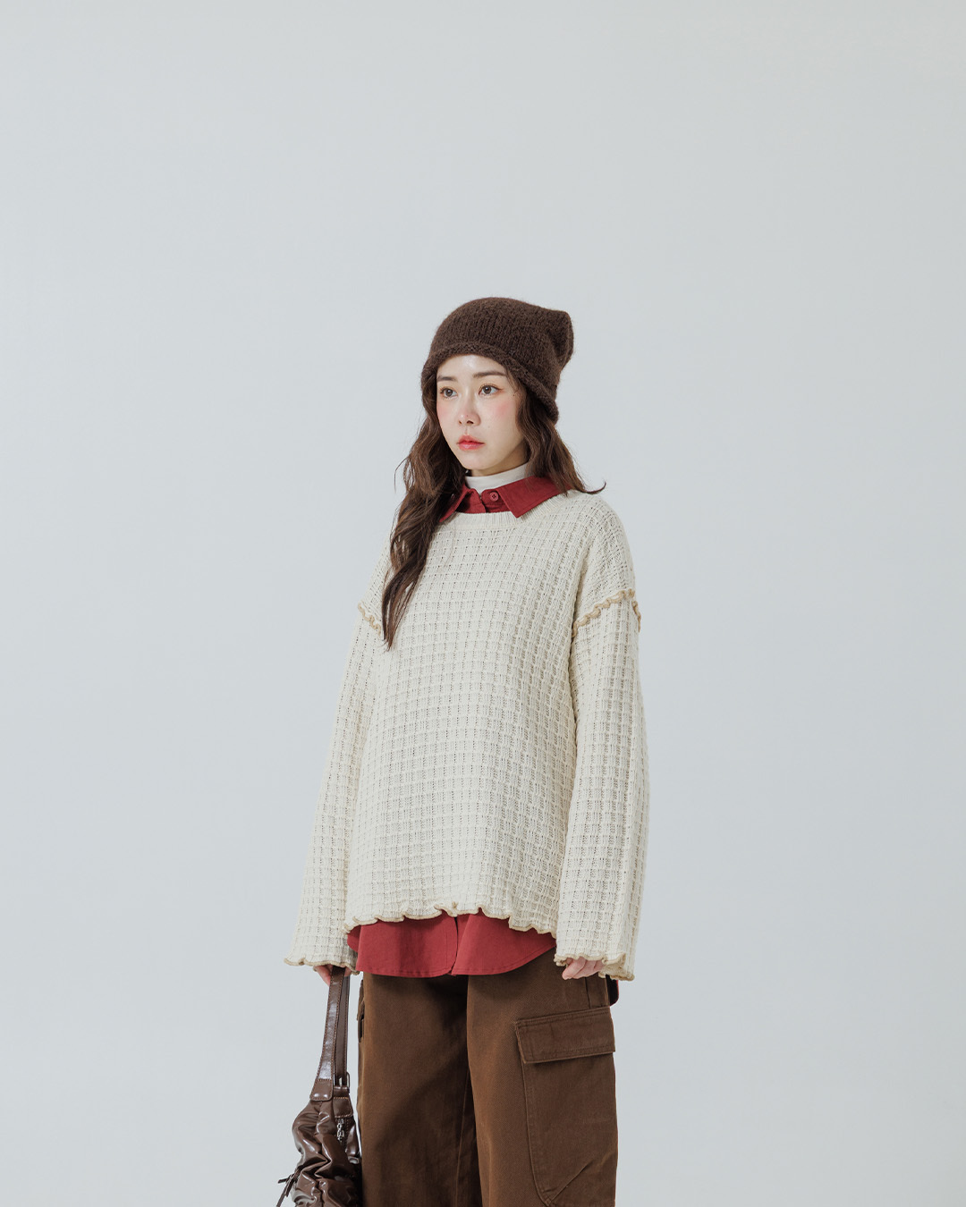 チェックフリルニットトップス ベージュ