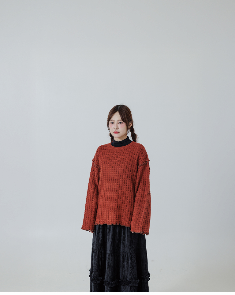 チェックフリルニットトップス レッド