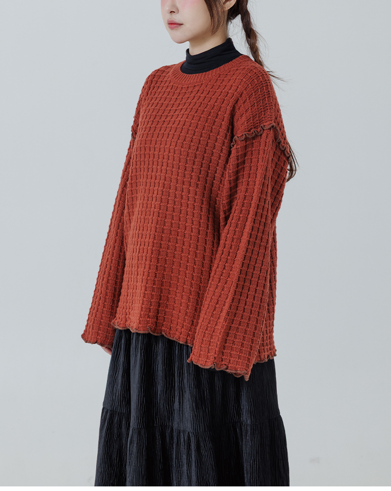 チェックフリルニットトップス レッド