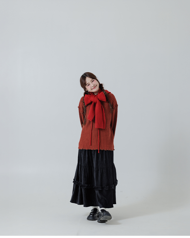 チェックフリルニットトップス レッド