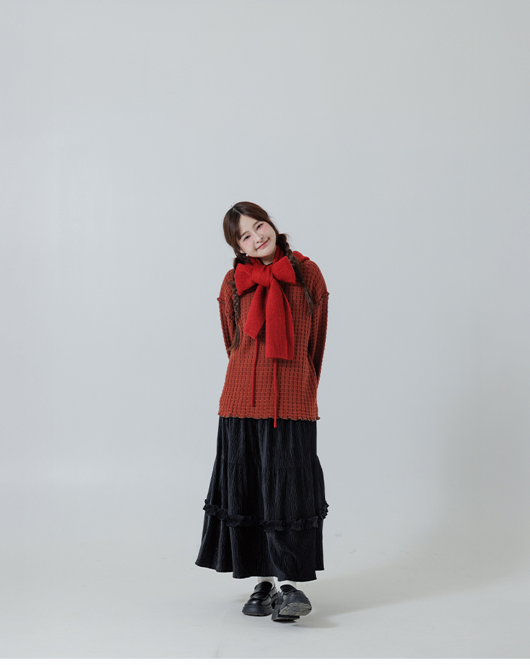 チェックフリルニットトップス レッド