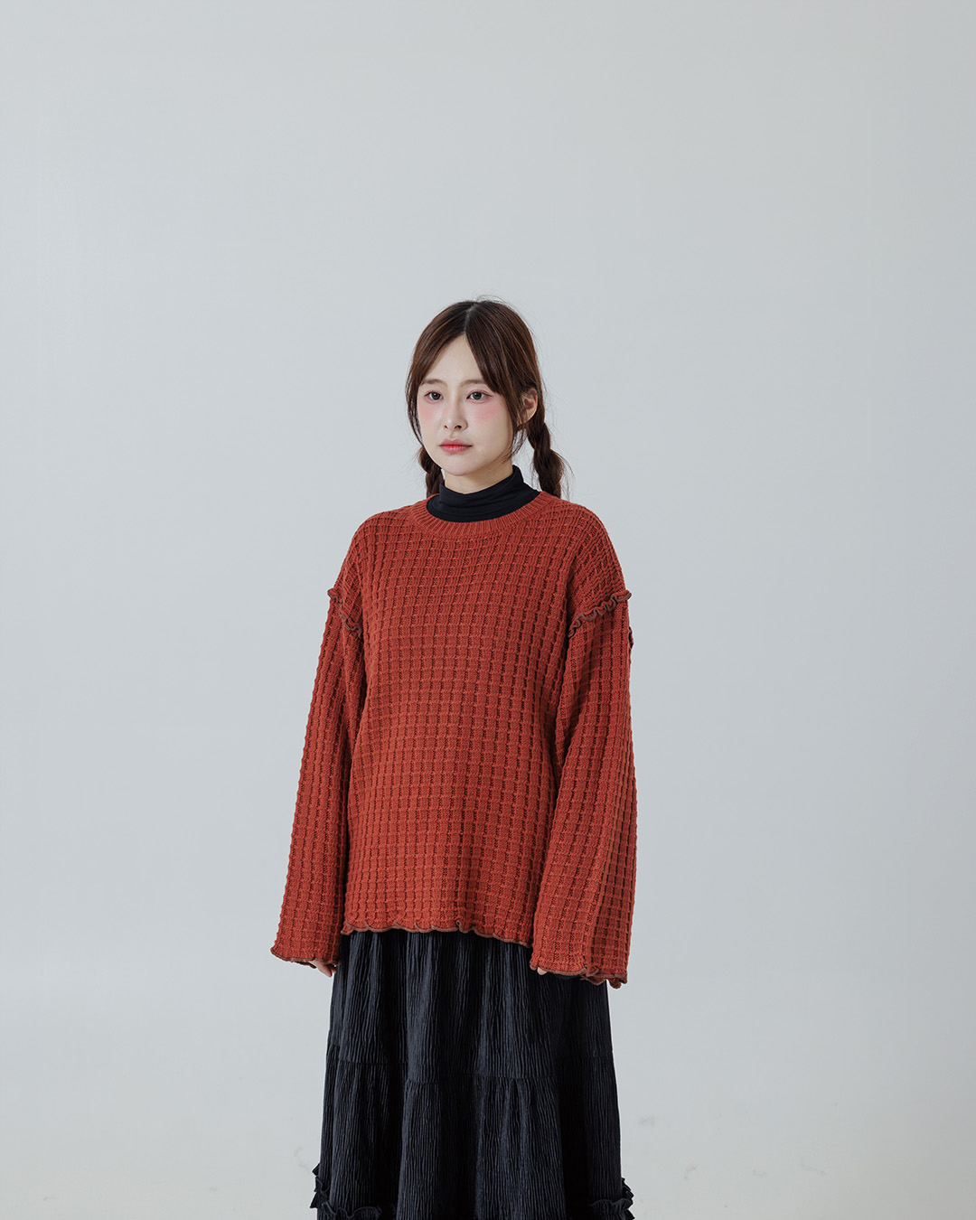 チェックフリルニットトップス レッド