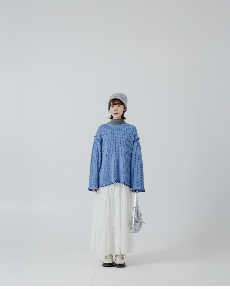 チェックフリルニットトップス ブルー