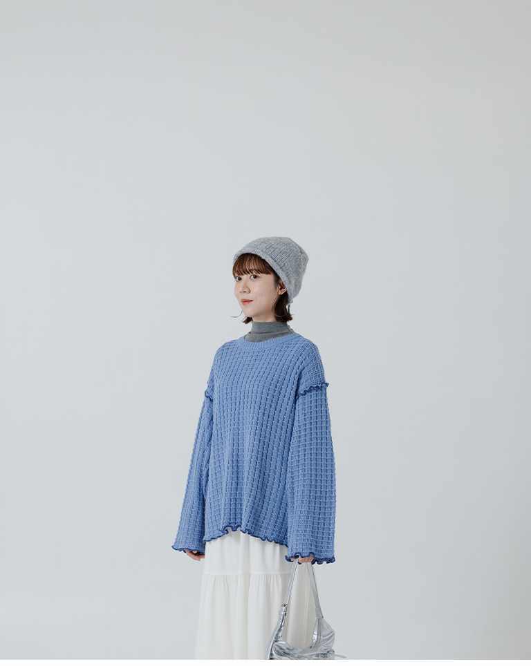 チェックフリルニットトップス ブルー