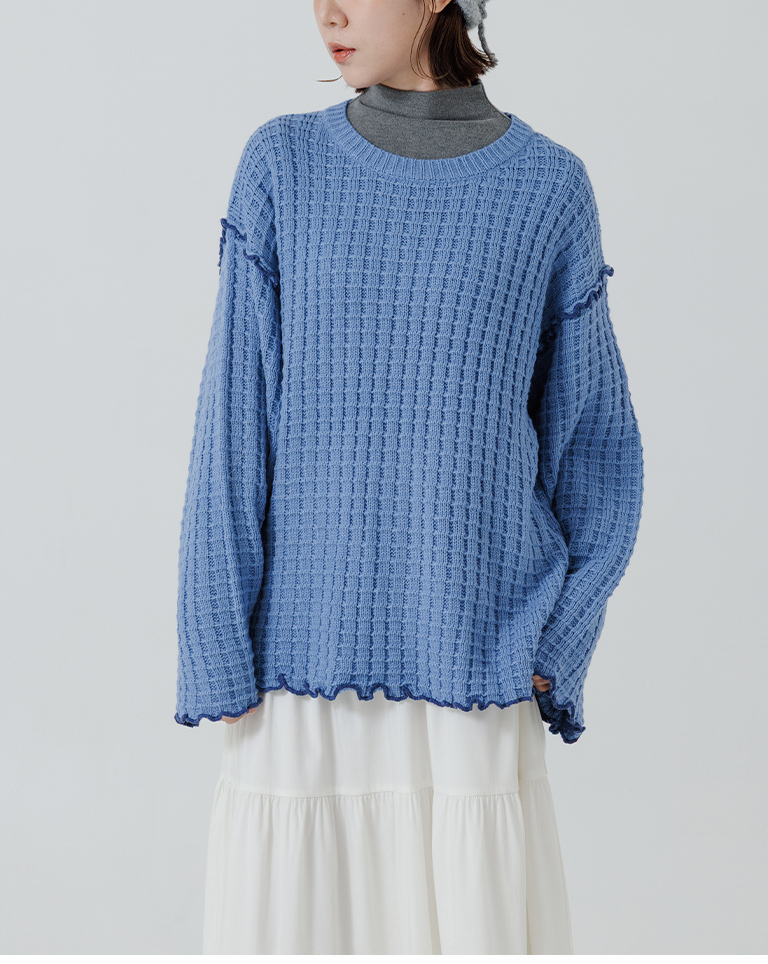 チェックフリルニットトップス ブルー