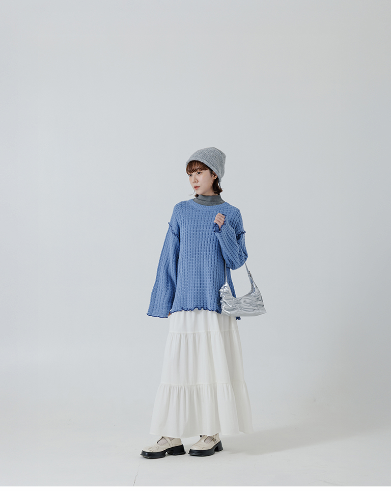 チェックフリルニットトップス ブルー