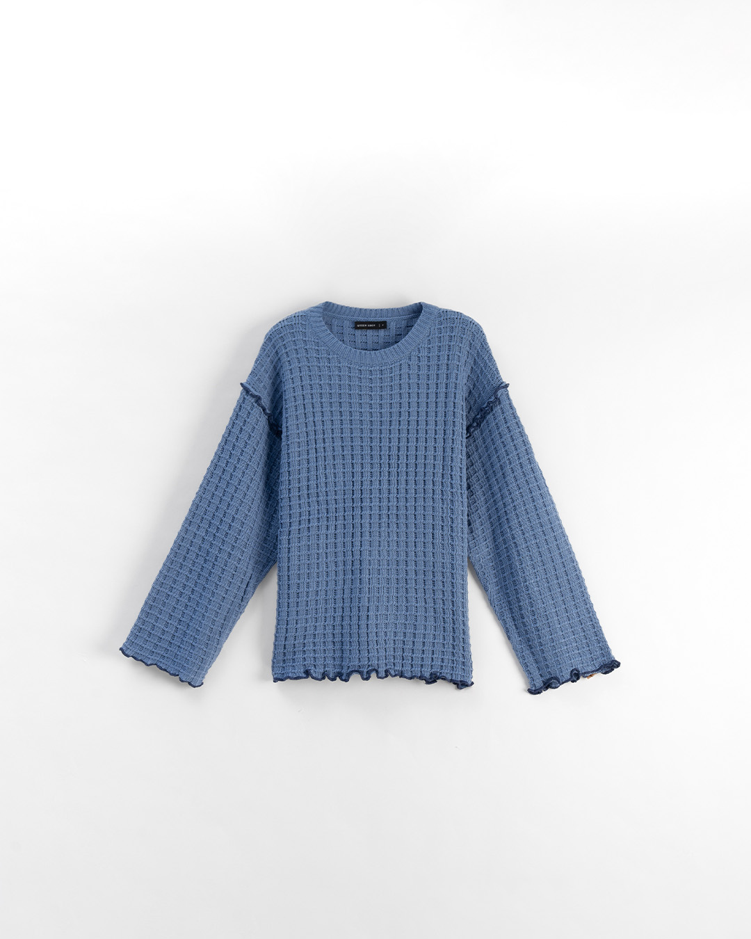 チェックフリルニットトップス ブルー