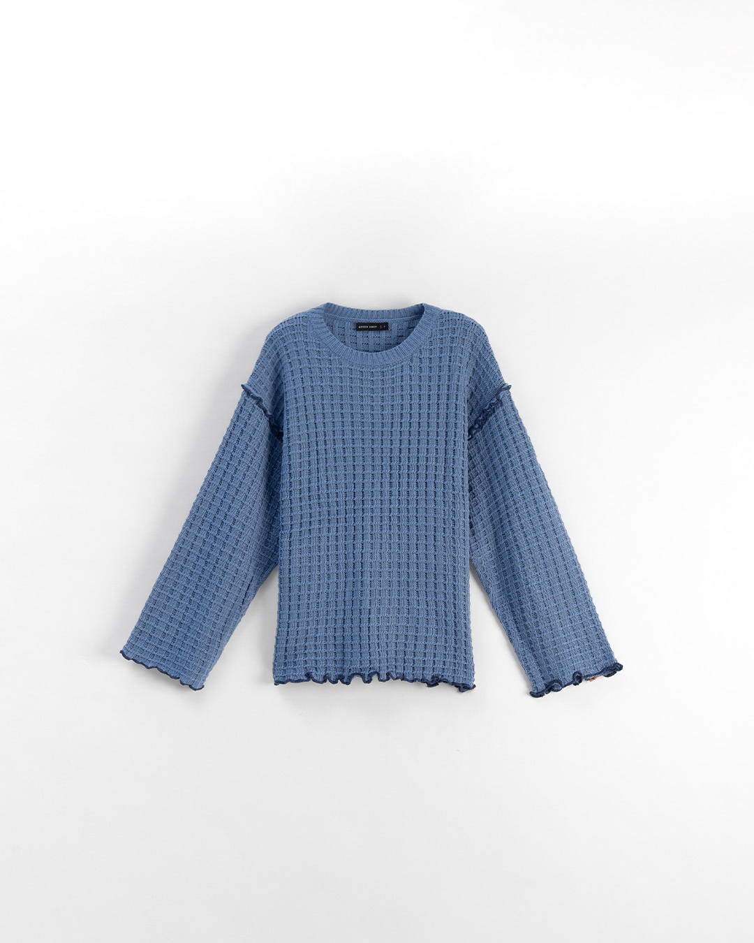 チェックフリルニットトップス ブルー