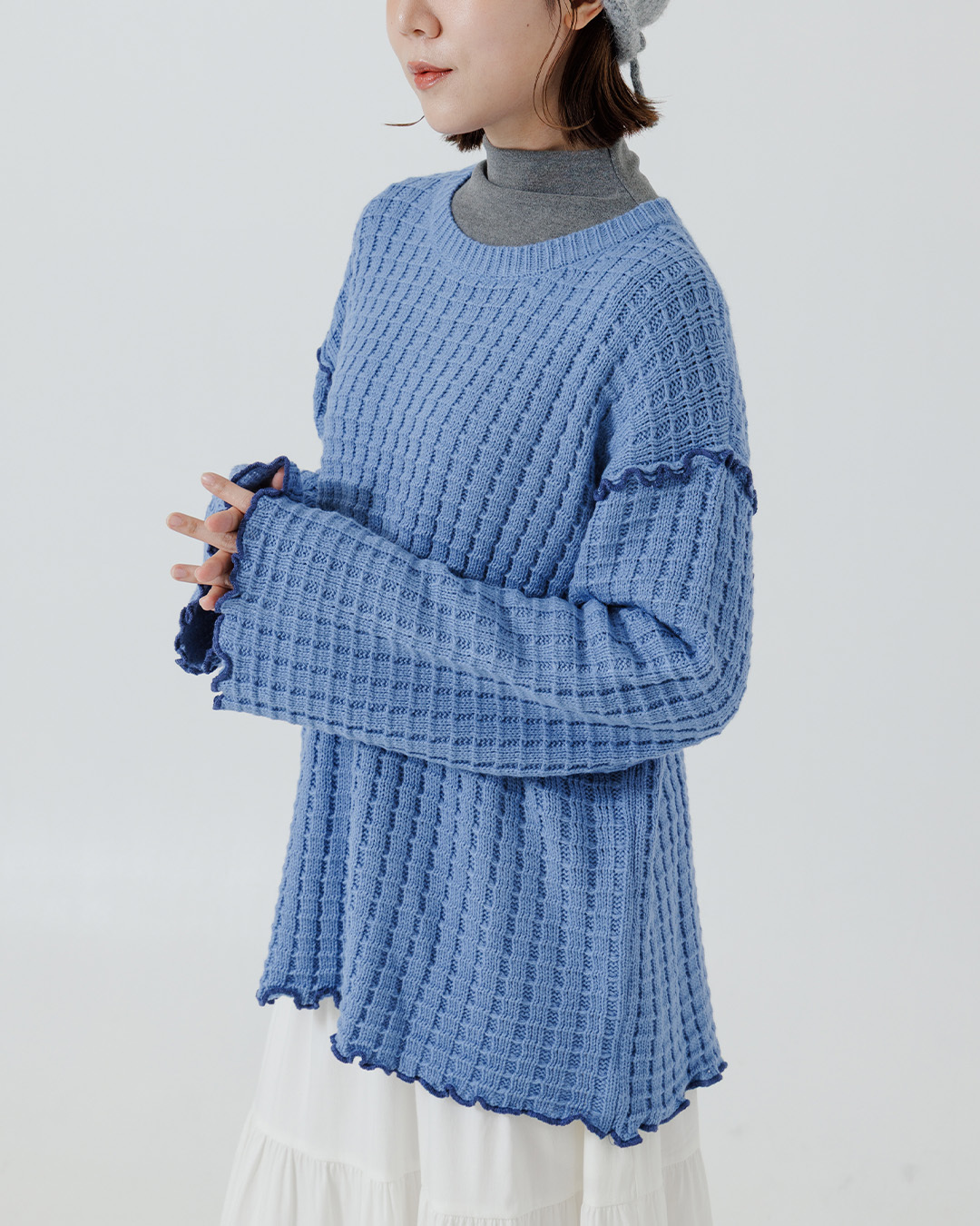 チェックフリルニットトップス ブルー