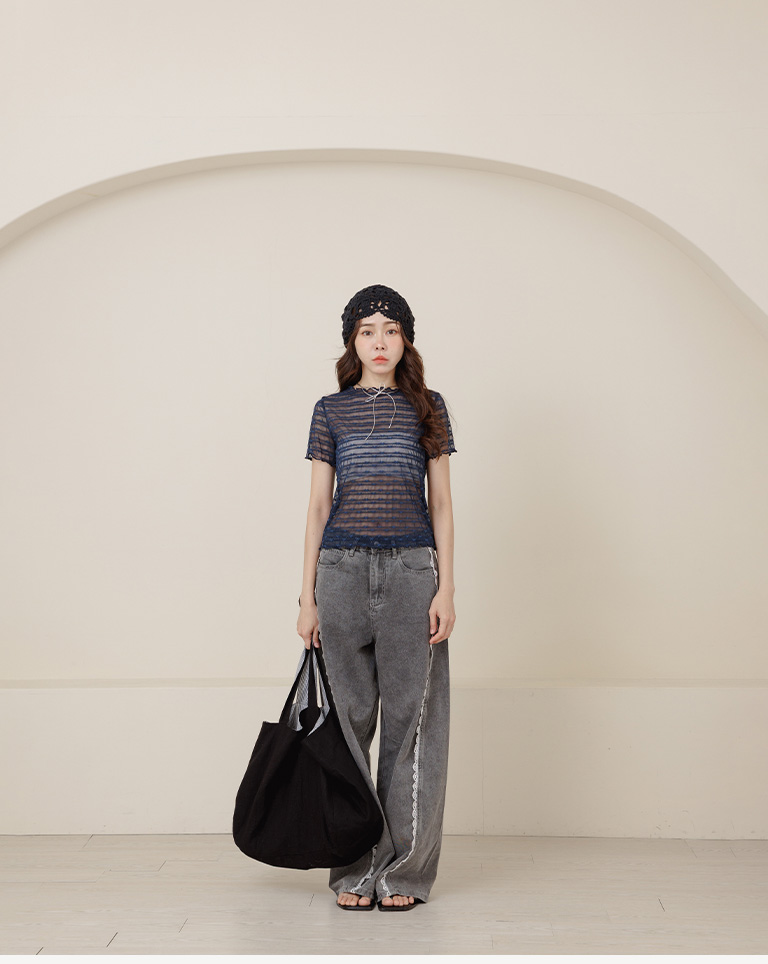 リボン刺繍シアー半袖トップス 3色展開