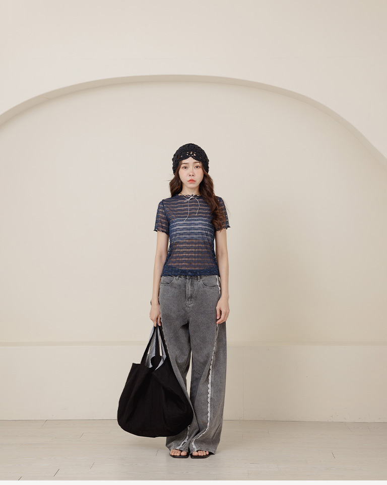 リボン刺繍シアー半袖トップス 3色展開