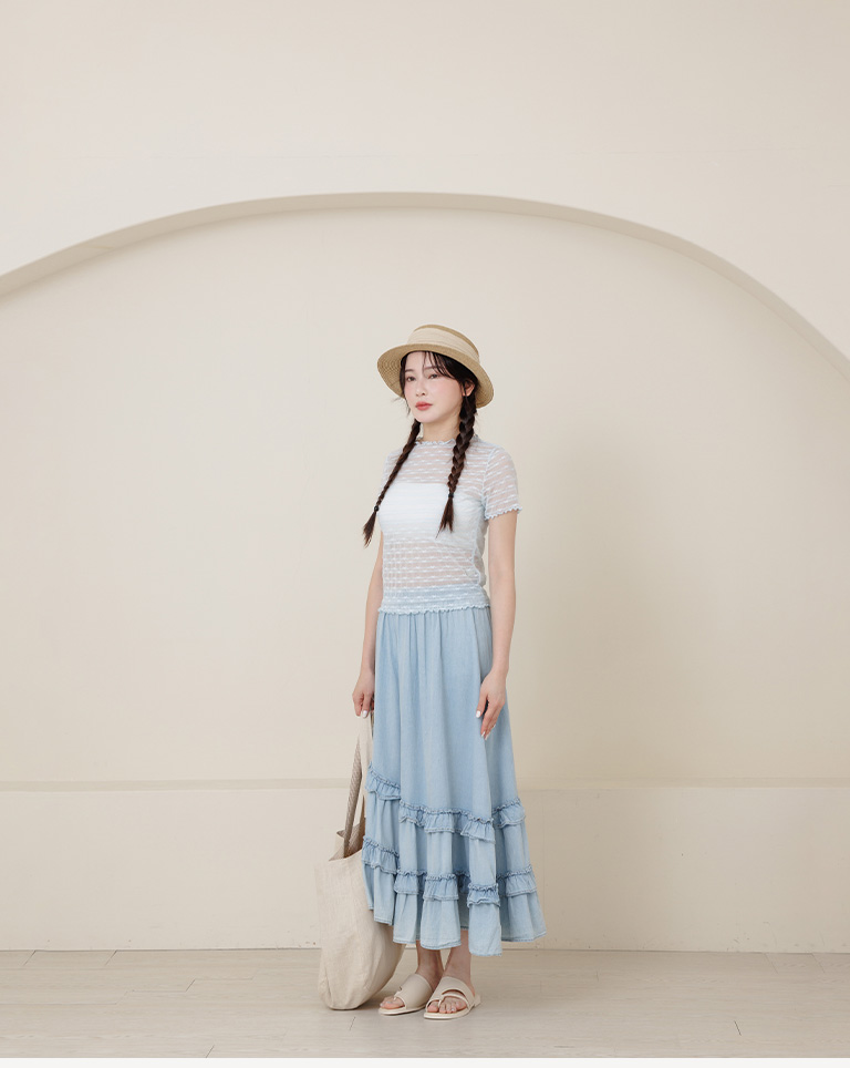 リボン刺繍シアー半袖トップス 3色展開