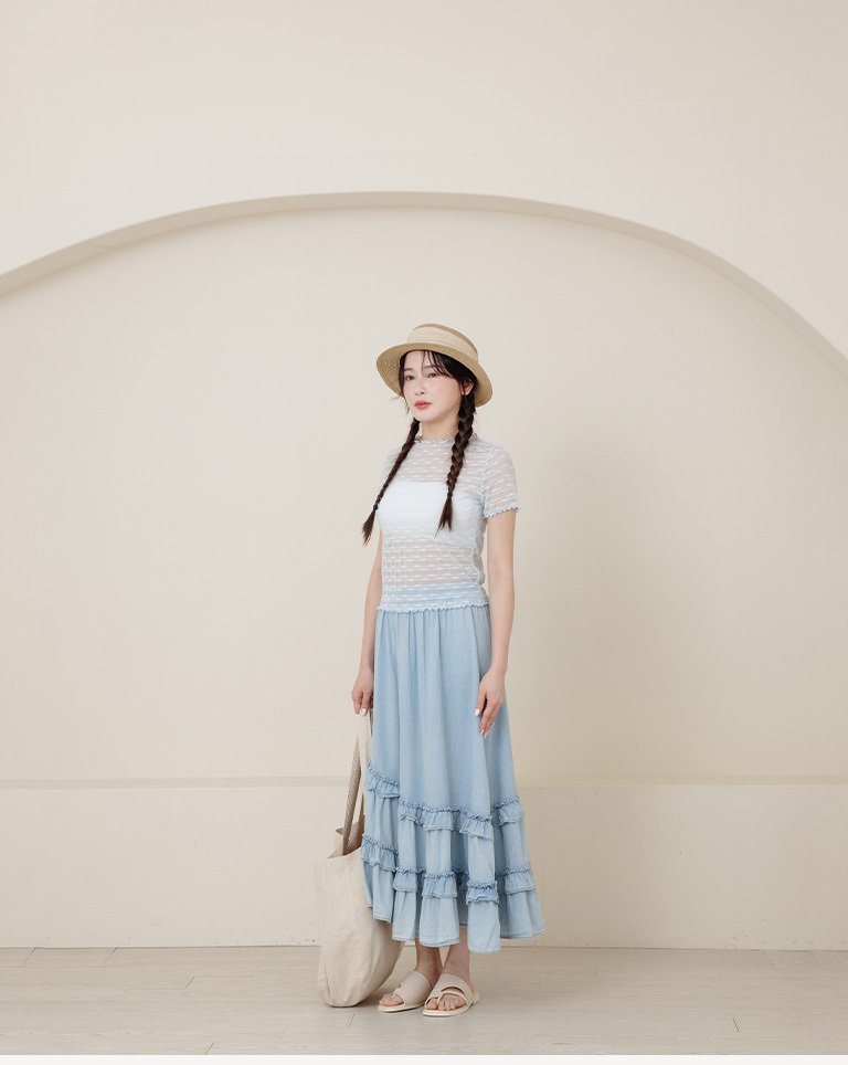 リボン刺繍シアー半袖トップス 3色展開