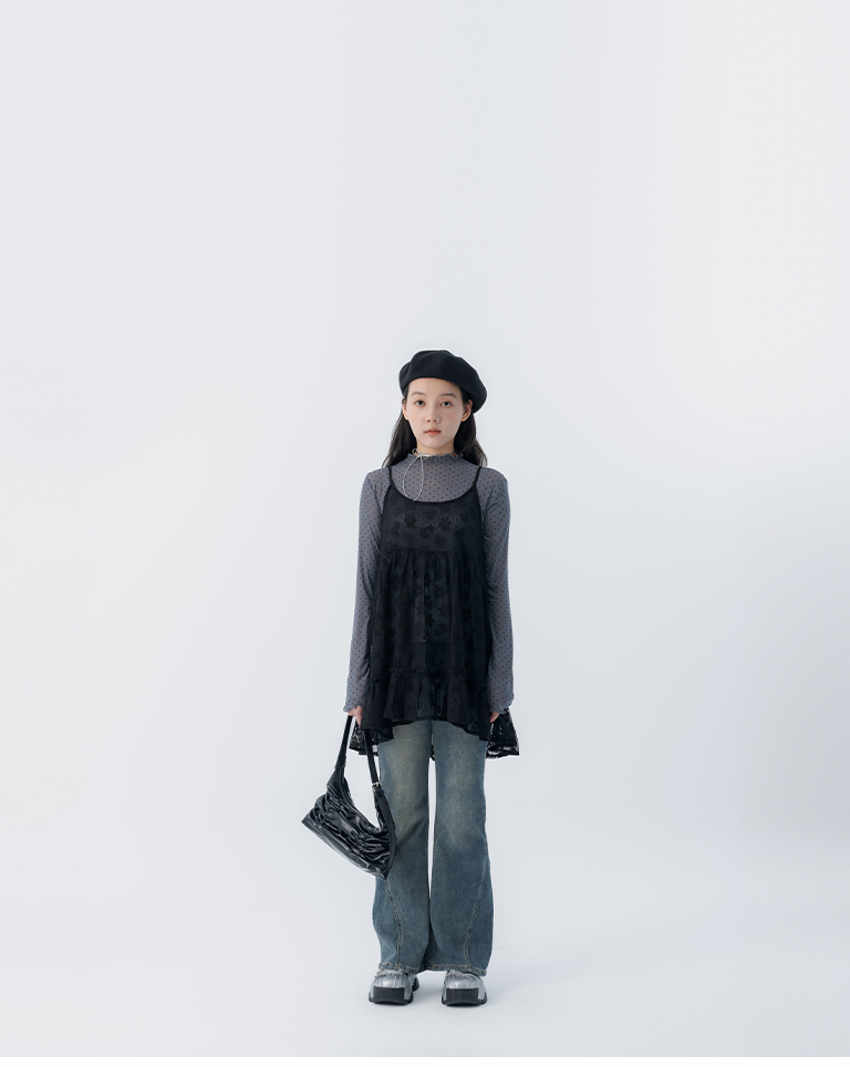 透かしジャカードキャミベスト ブラック