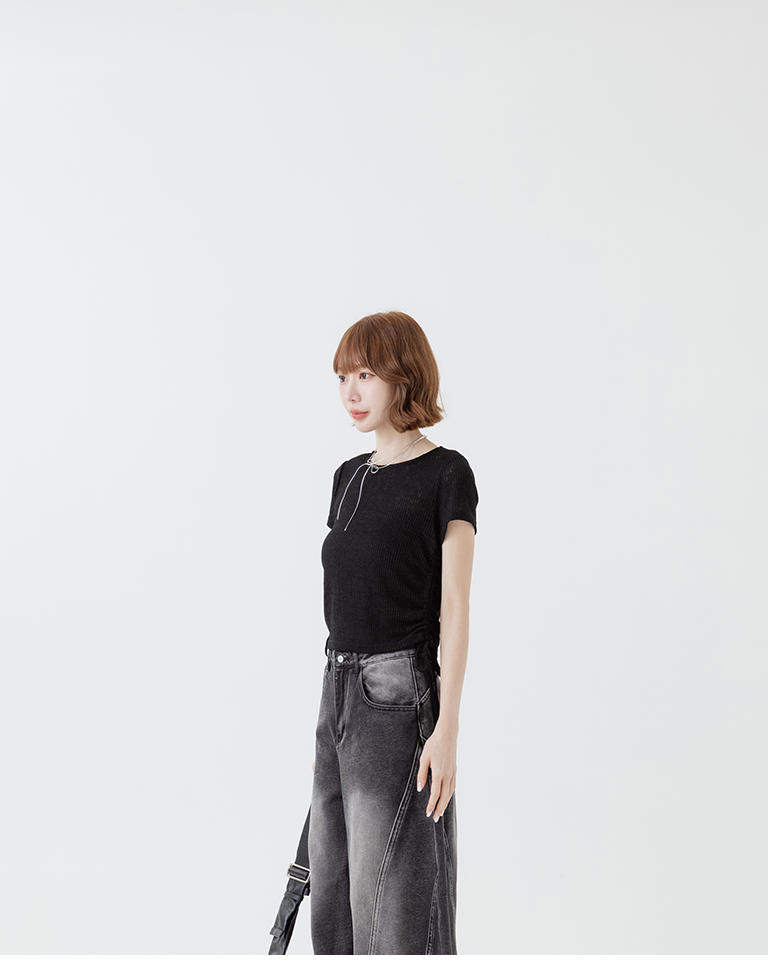 メランジリブサイドギャザートップス 4色展開