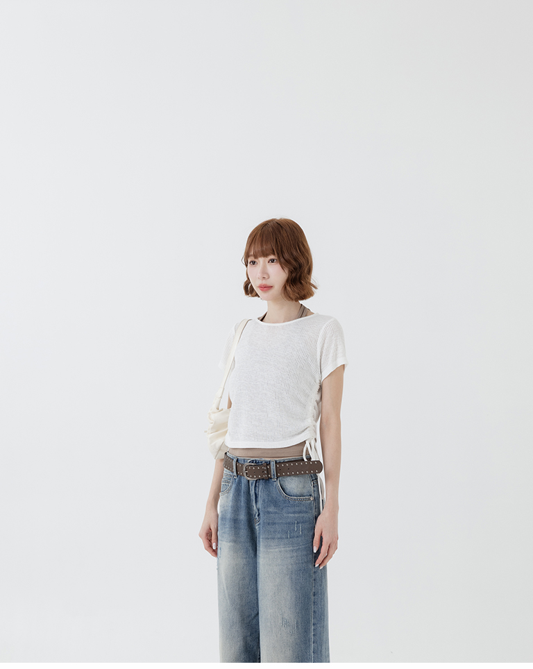 メランジリブサイドギャザートップス 4色展開